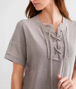 BKE Lace-Up Waffle Knit Top Steeple Grey Sale