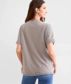 BKE Lace-Up Waffle Knit Top Steeple Grey Sale
