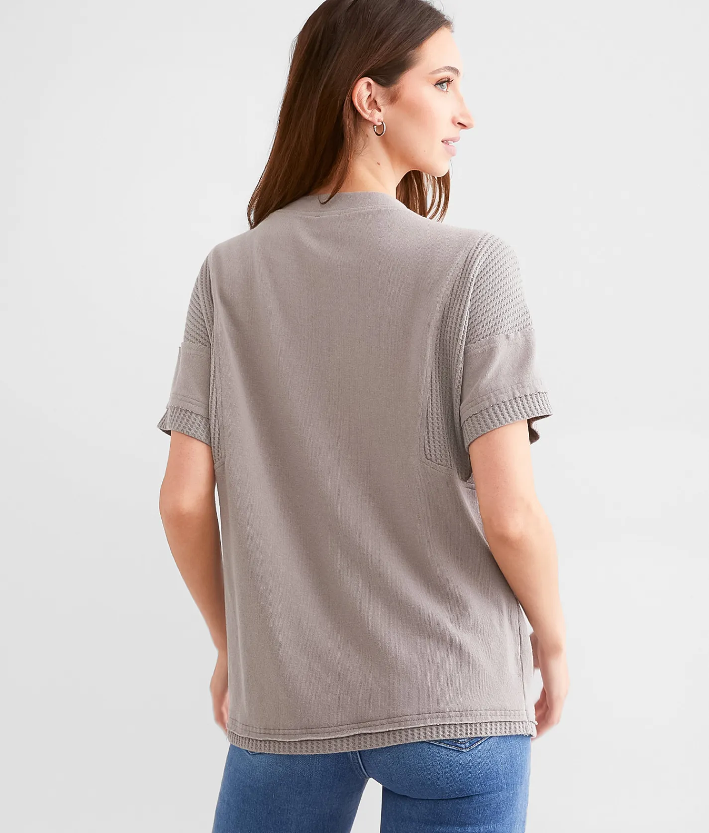 BKE Lace-Up Waffle Knit Top Steeple Grey Sale