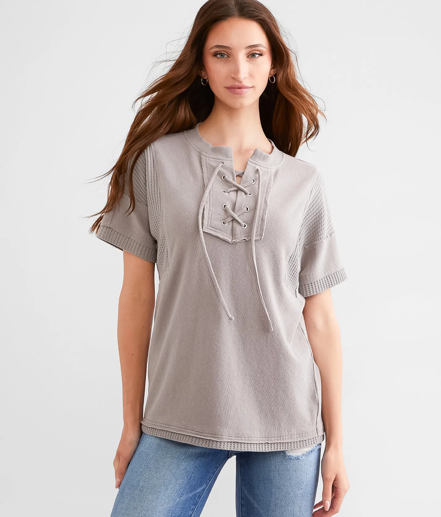 BKE Lace-Up Waffle Knit Top Steeple Grey Sale