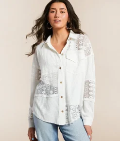 BKE Lace Waffle Shirt Dusty Rose Online
