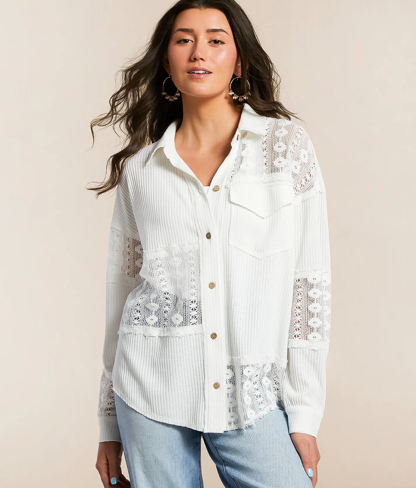 BKE Lace Waffle Shirt Dusty Rose Online