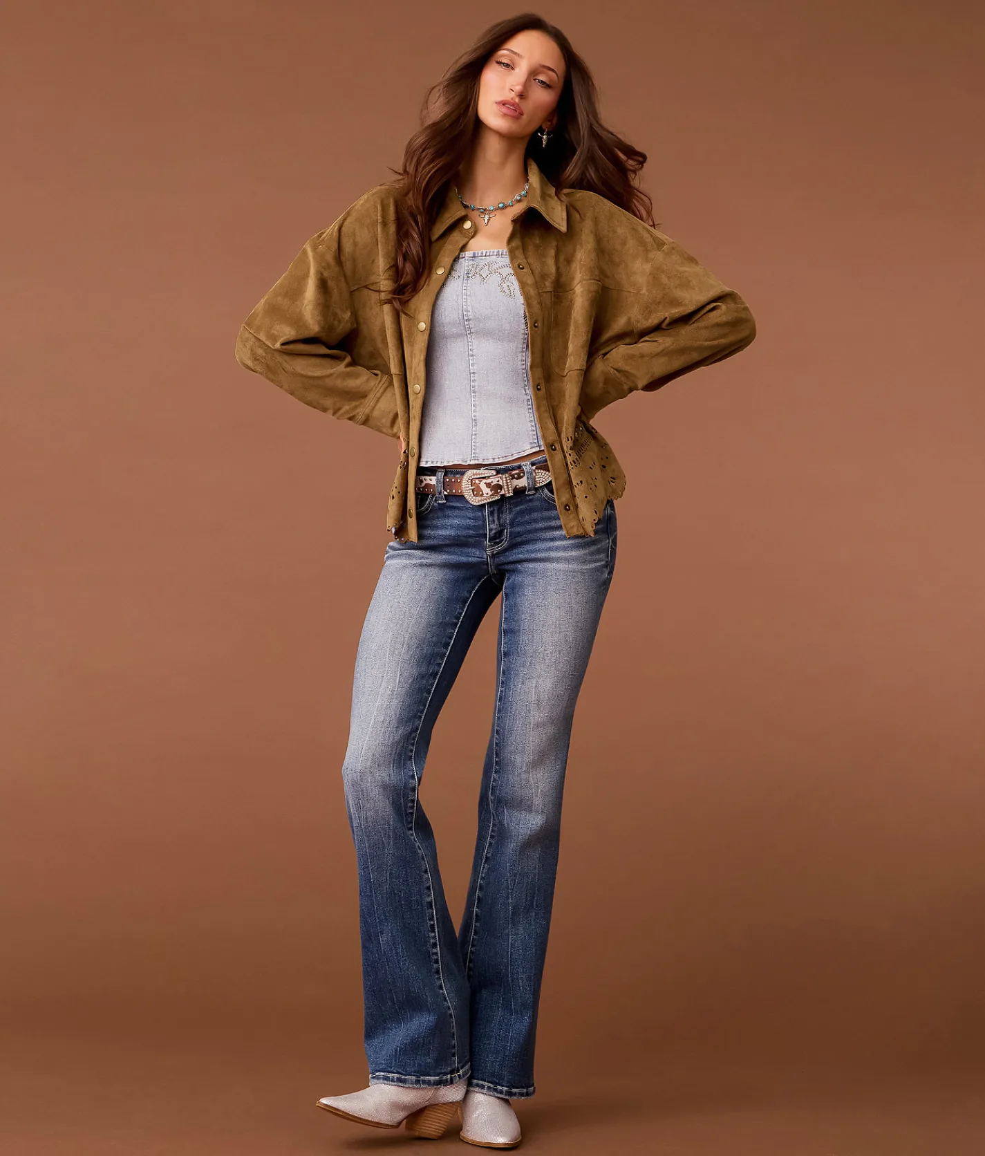 Tops|Coats & Jackets | Sterling & Stitch Laser Cut Faux Suede Jacket Brown