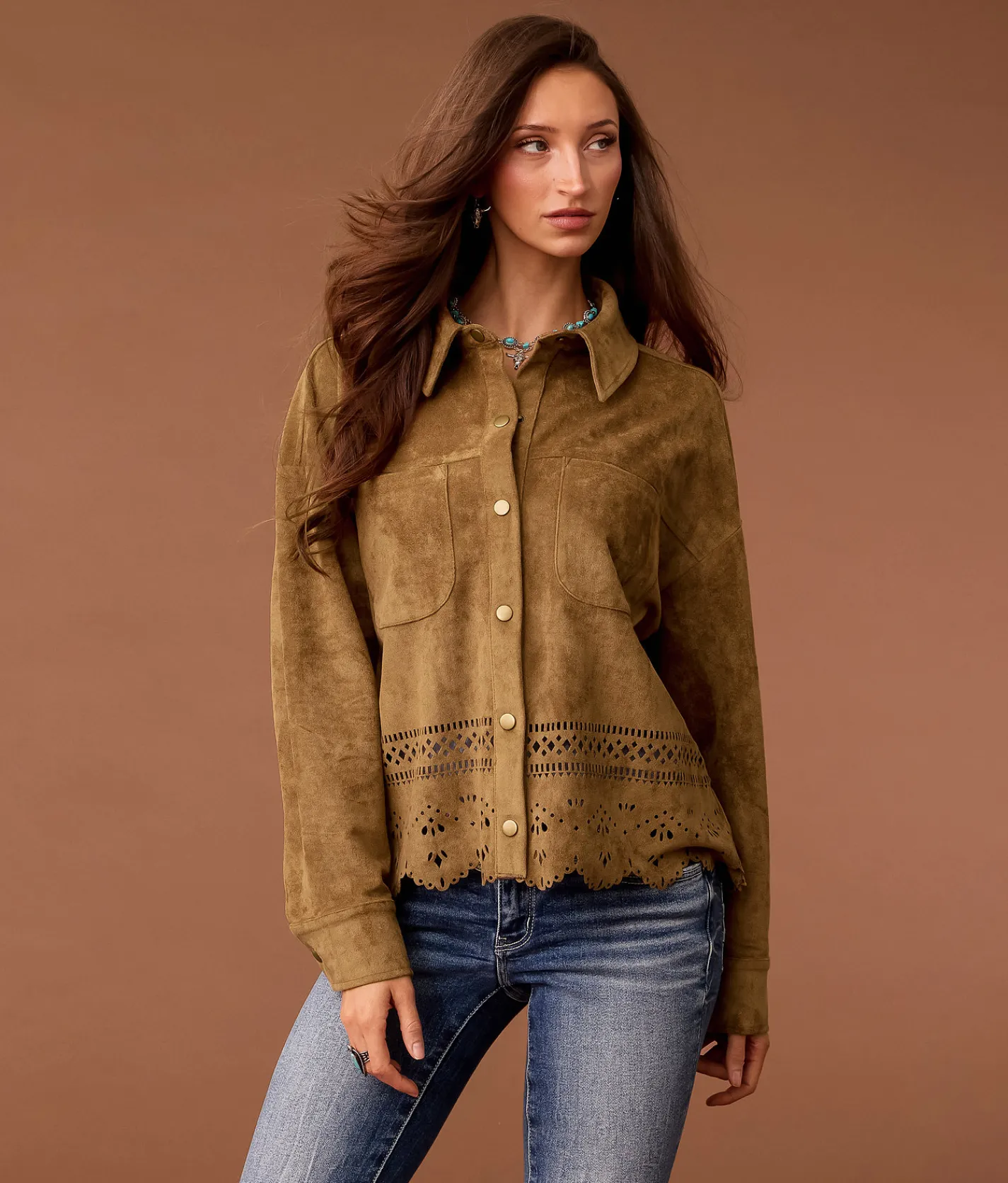 Tops|Coats & Jackets | Sterling & Stitch Laser Cut Faux Suede Jacket Brown