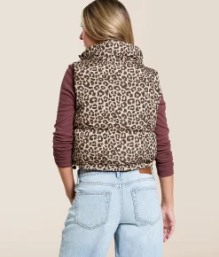 Tops|Coats & Jackets | Willow & Root Leopard Print Cropped Puffer Vest Taupe Multi
