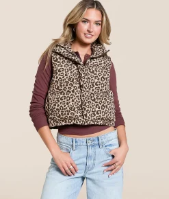 Tops|Coats & Jackets | Willow & Root Leopard Print Cropped Puffer Vest Taupe Multi