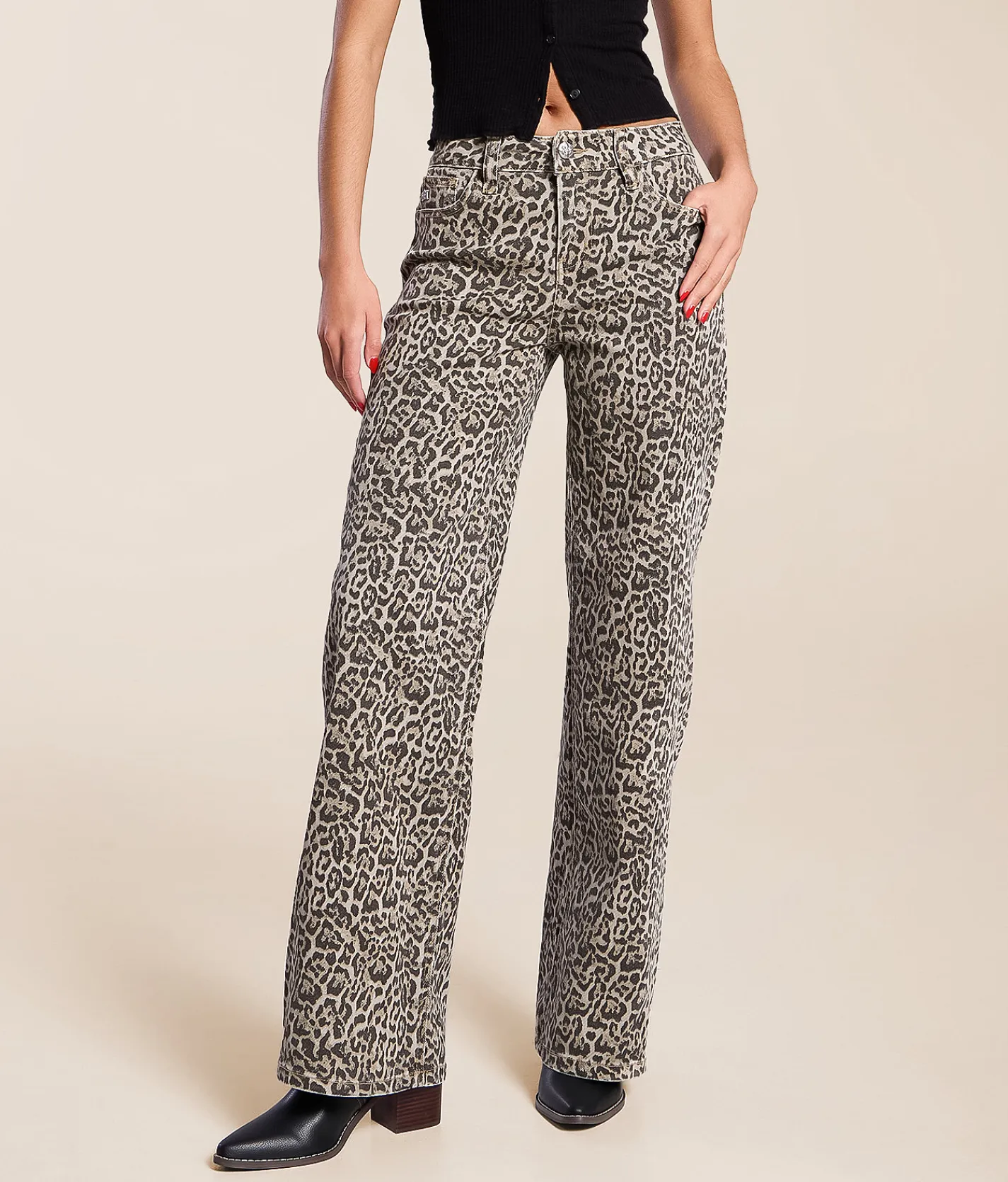 Miss Me Leopard Print High Rise Wide Leg Stretch Jean Beige Leopard Outlet