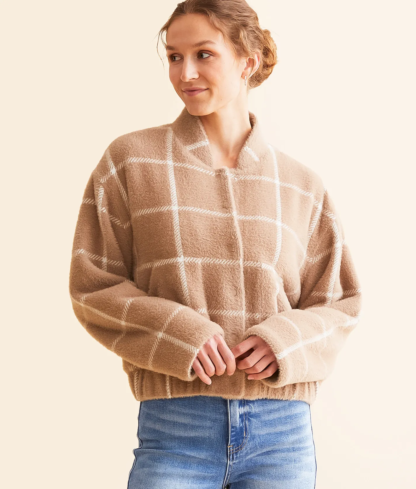 Z Supply Lex Eyelash Plaid Bomber Jacket Heather Taupe Online