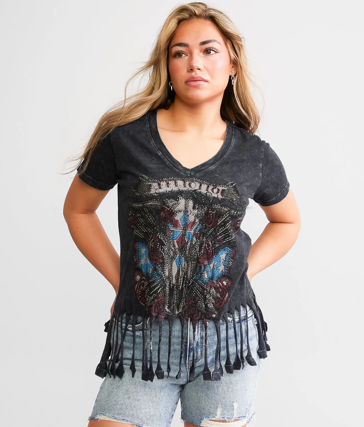Tops | Affliction Little Bighorn Fringe T-Shirt Black Lava Wash