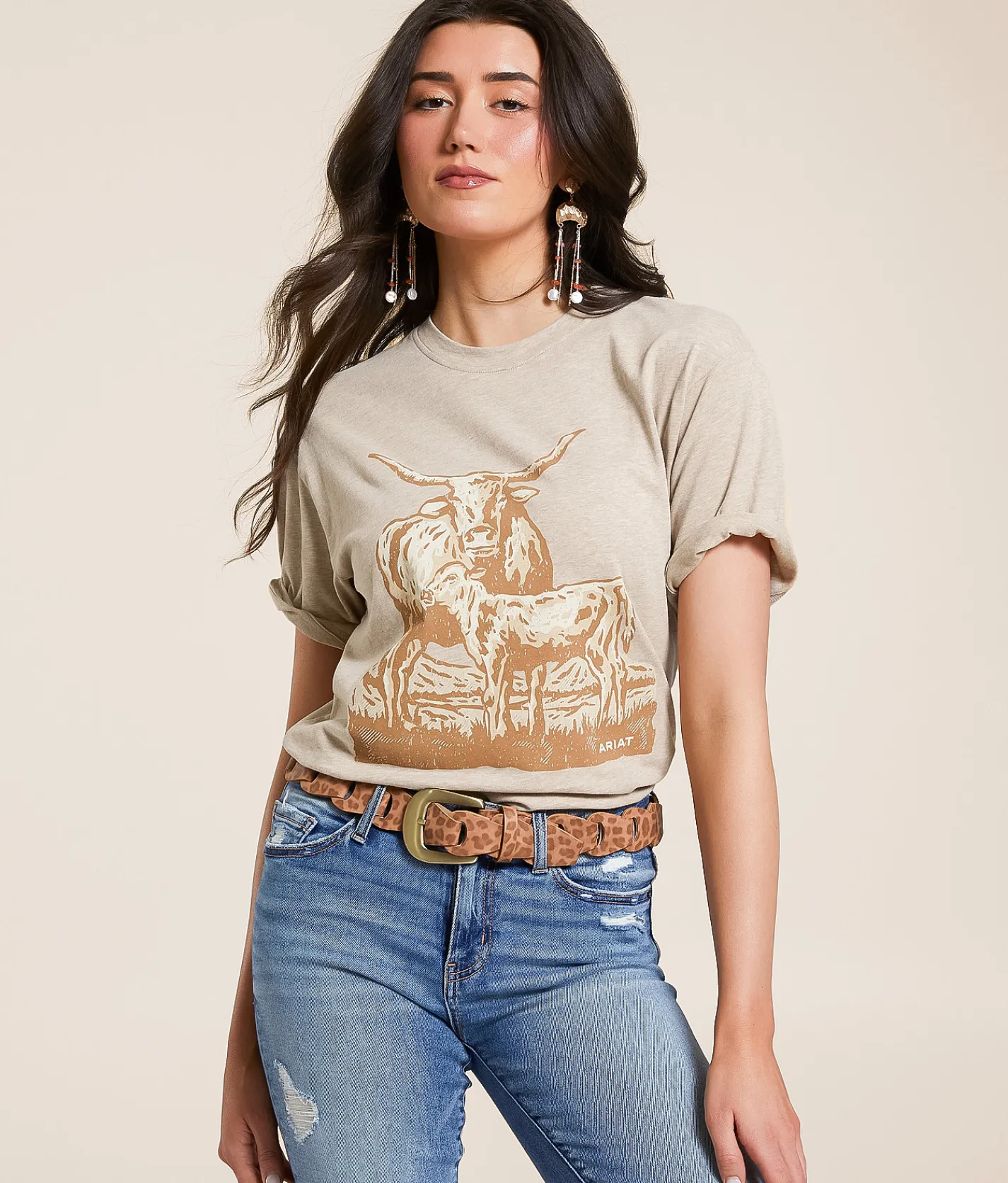 Tops | Ariat Longhorn Boyfriend T-Shirt Oatmeal Heather