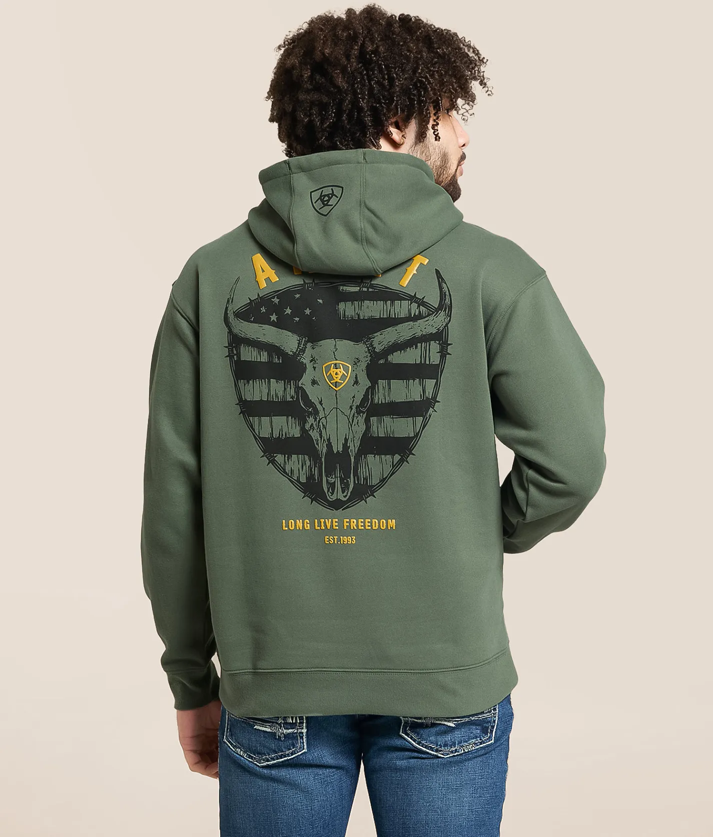 Ariat Longhorn Thrashed Hooded Sweatshirt Surplus Green New