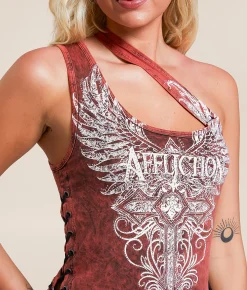 Tops | Affliction Lorielle One Shoulder Cropped Tank Top Red Black Acid Wash