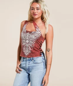Tops | Affliction Lorielle One Shoulder Cropped Tank Top Red Black Acid Wash