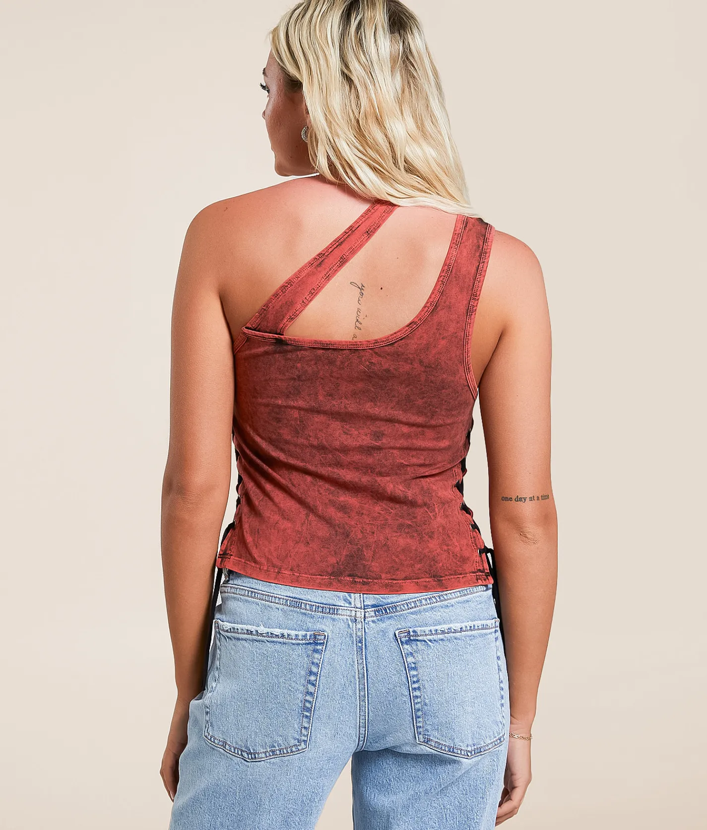 Tops | Affliction Lorielle One Shoulder Cropped Tank Top Red Black Acid Wash