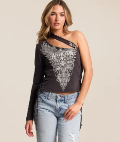 Tops | Affliction Lorielle One Shoulder Cropped T-Shirt Black Mineral Wash