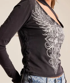 Tops | Affliction Lorielle One Shoulder Cropped T-Shirt Black Mineral Wash