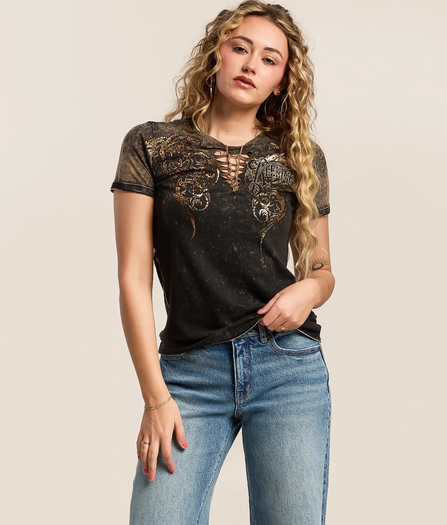 Tops | Affliction Lovington T-Shirt Black Taupe Lava Tint Was
