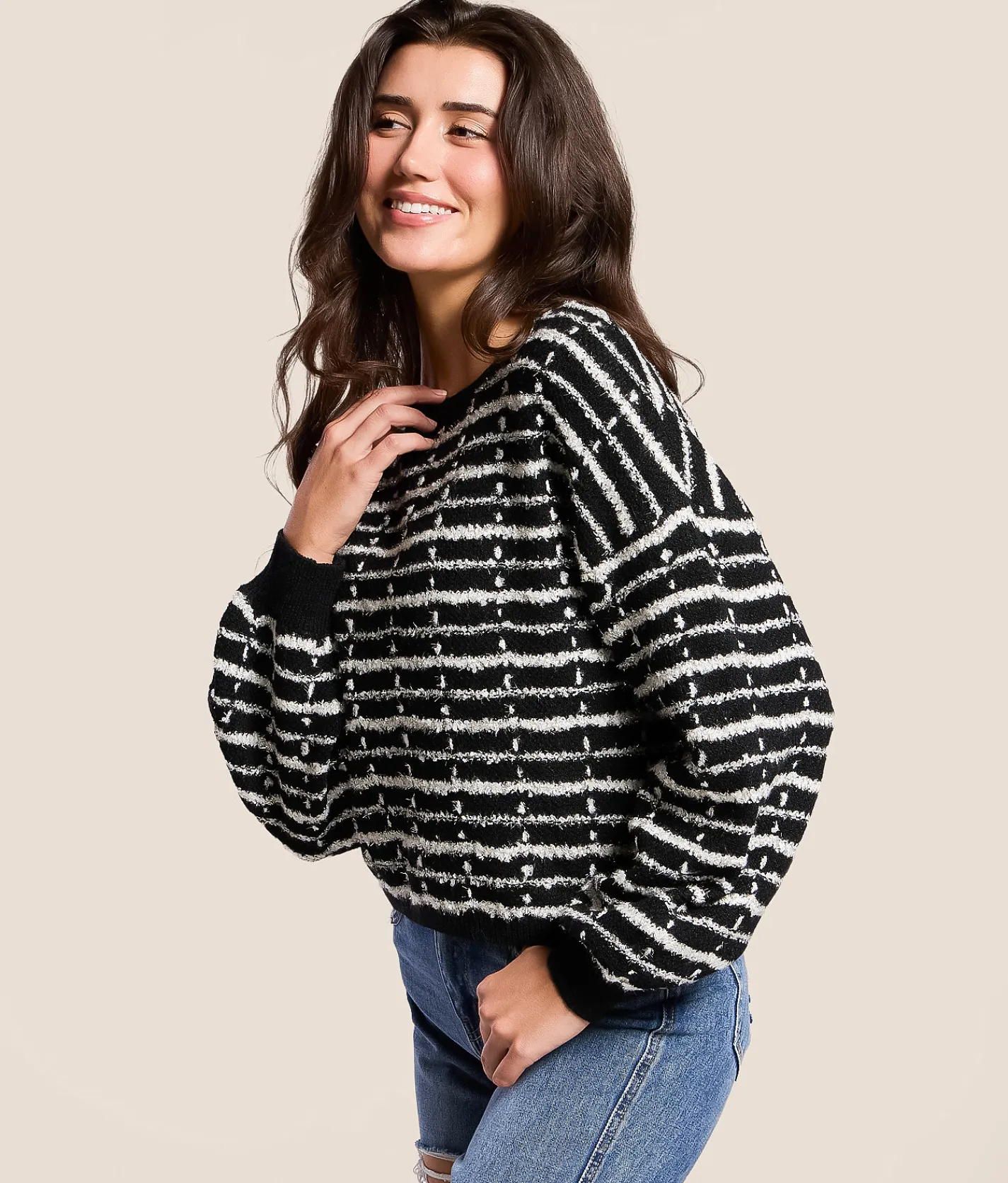 Tops | Willow & Root Lurex Striped Sweater Black Silver Tinsel