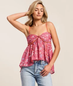 Free People Malia Paisley Print Open Back Tube Top Raspberry Combo