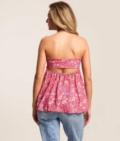 Free People Malia Paisley Print Open Back Tube Top Raspberry Combo