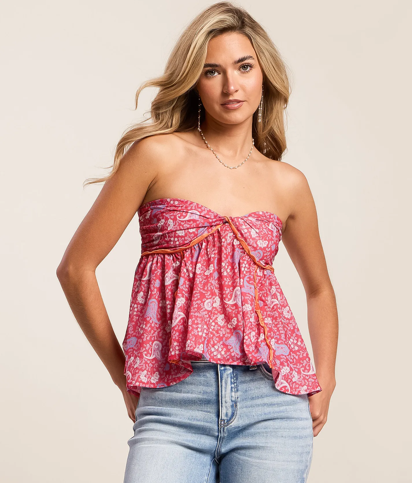 Free People Malia Paisley Print Open Back Tube Top Raspberry Combo