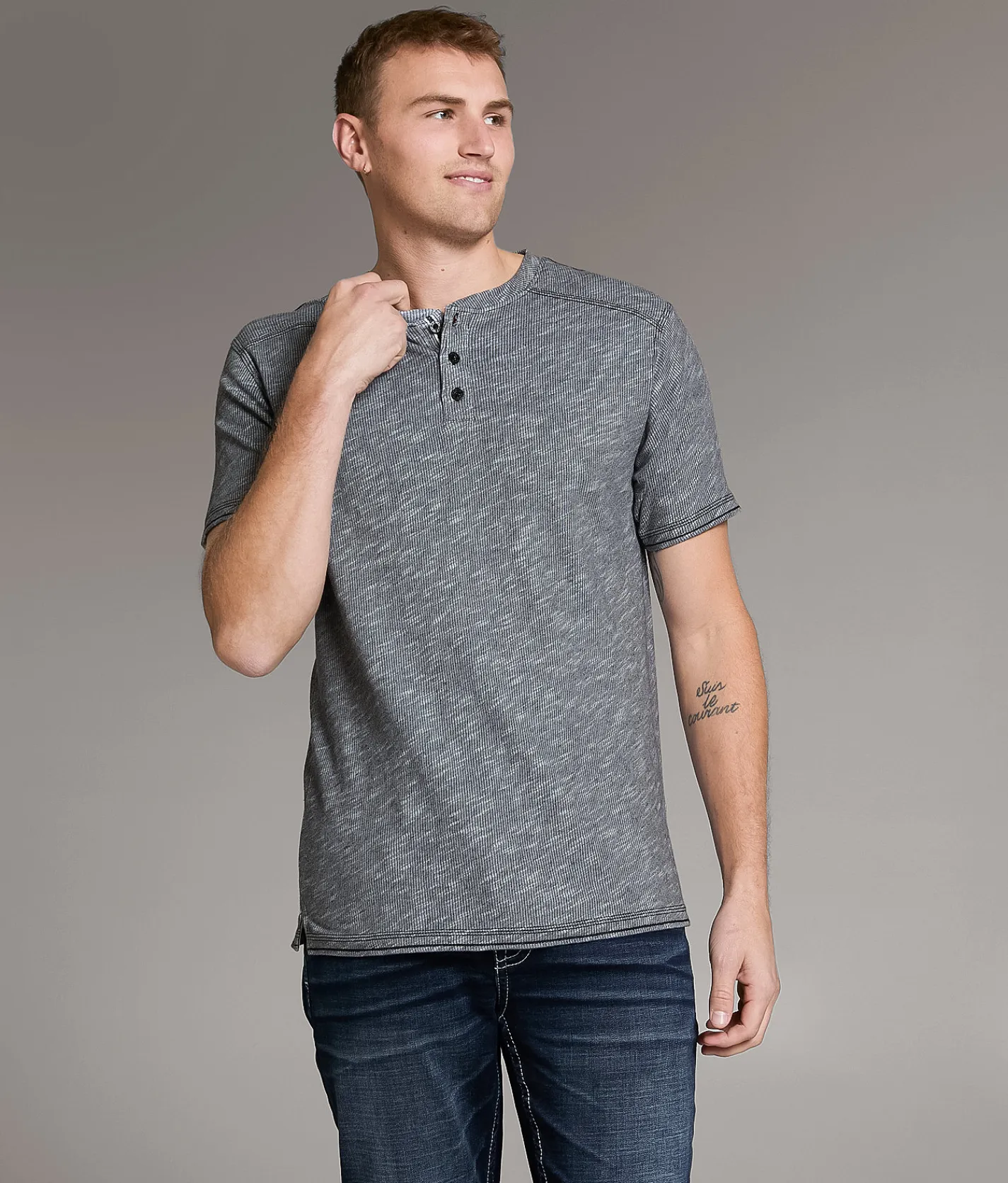 BKE Marled Henley Black Grey New