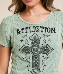 Affliction Marson Rouched Thermal Cropped T-Shirt Granite Green Clearance