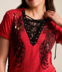 Tops | Affliction Medallion Lace-Up T-Shirt Cranberry Lava Wash