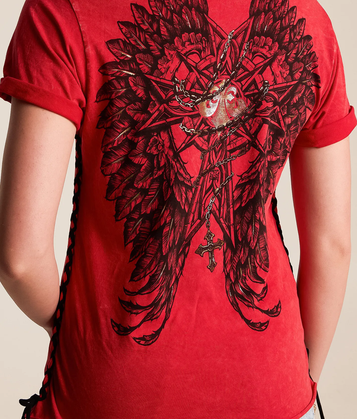 Tops | Affliction Medallion Lace-Up T-Shirt Cranberry Lava Wash