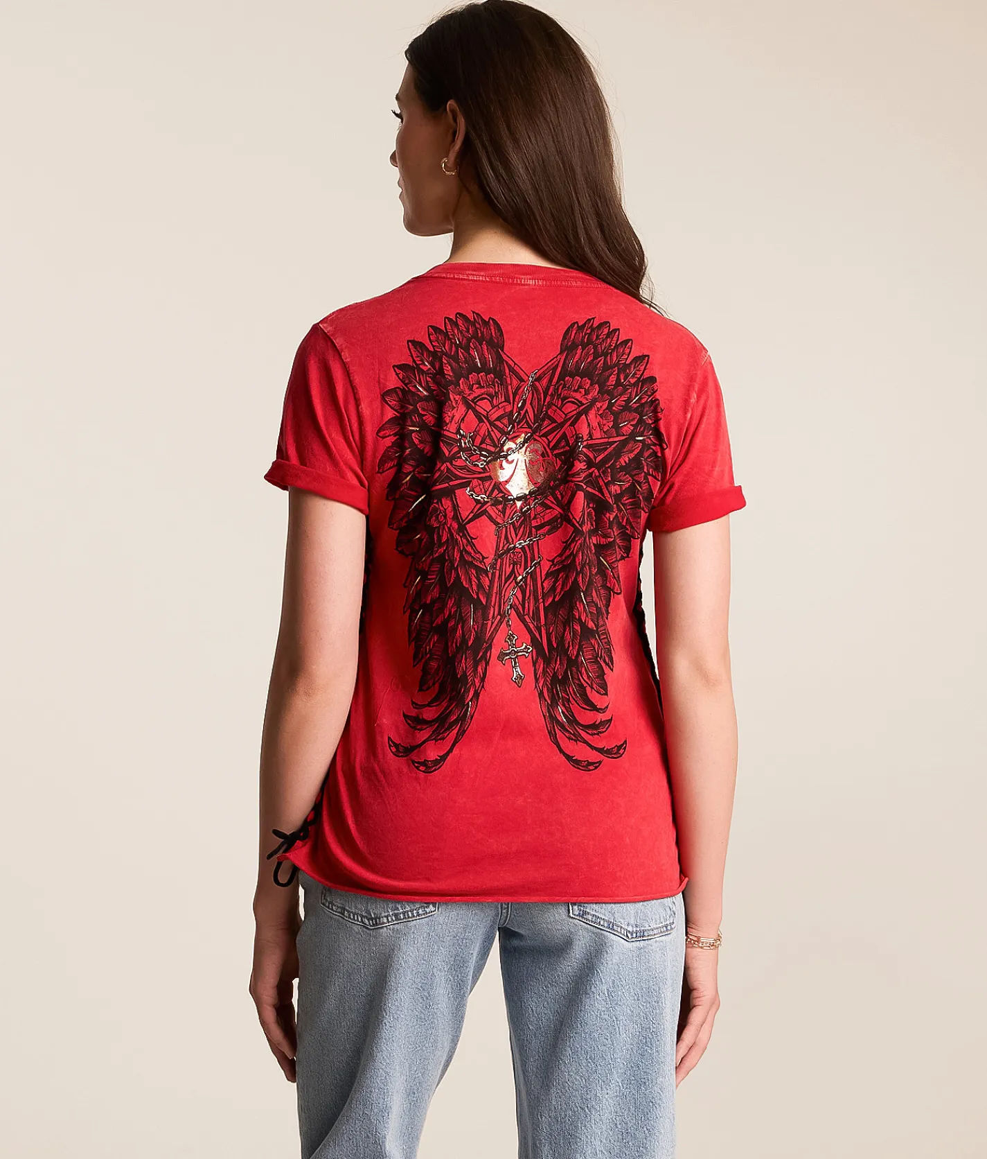 Tops | Affliction Medallion Lace-Up T-Shirt Cranberry Lava Wash