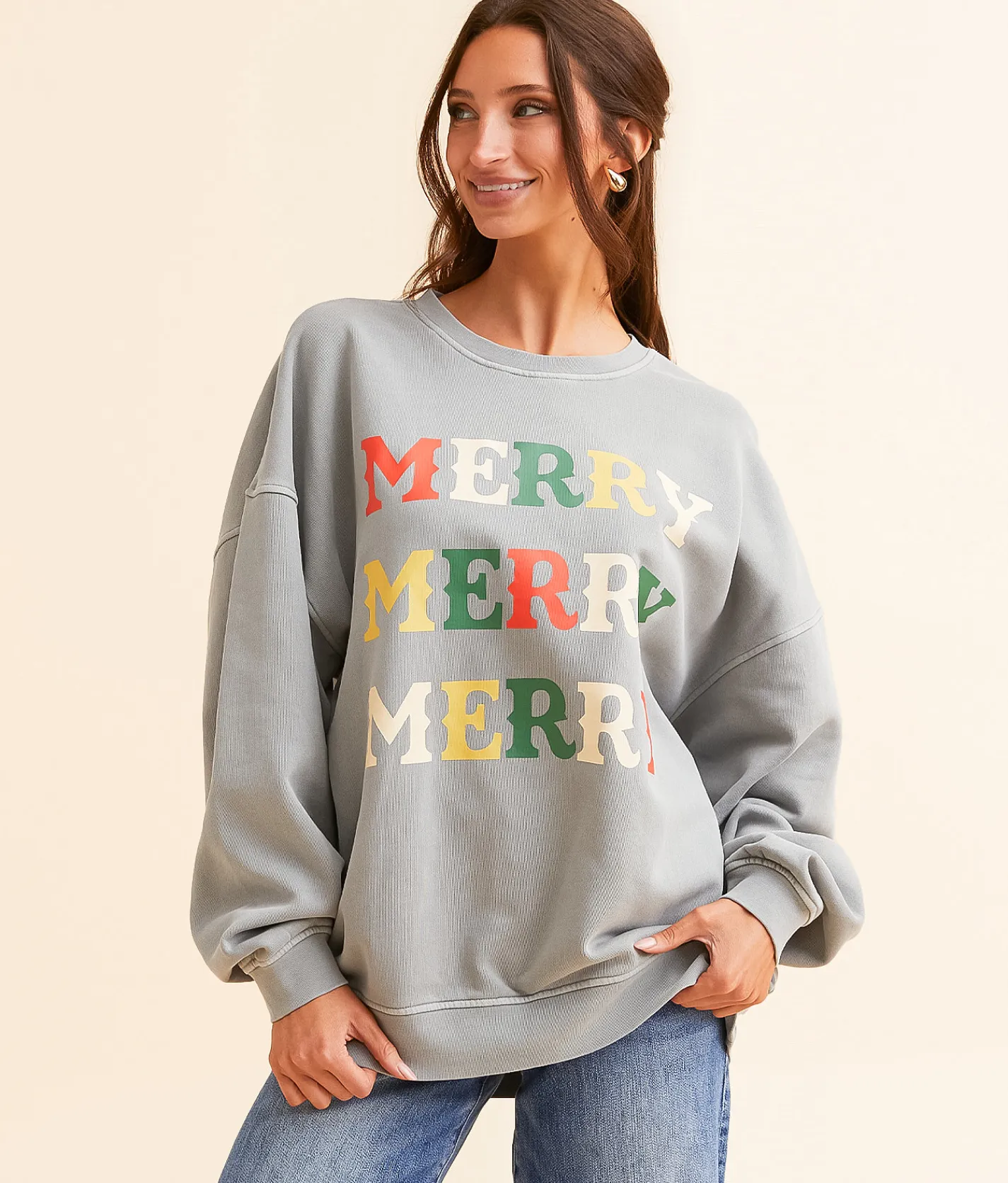 Modish Rebel Merry Merry Merry Oversized Pullover Washed Grey Discount