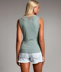 Tops | BKE Mesh Inset Henley Tank Top Washed Blue