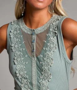 Tops | BKE Mesh Inset Henley Tank Top Washed Blue