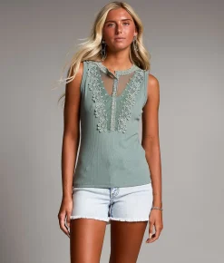 Tops | BKE Mesh Inset Henley Tank Top Washed Blue