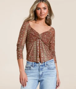 Tops | Willow & Root Mesh Split Hem Top Brown Assorted