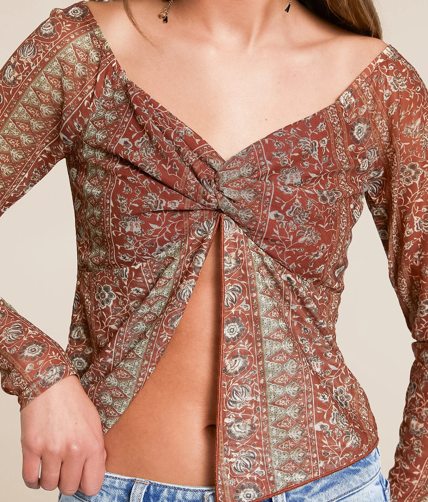 Tops | Willow & Root Mesh Split Hem Top Brown Assorted
