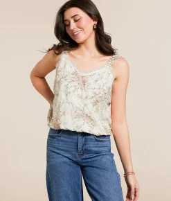 Tops | Daytrip Metallic Embroidered Floral Chiffon Tank Top Cream Multi