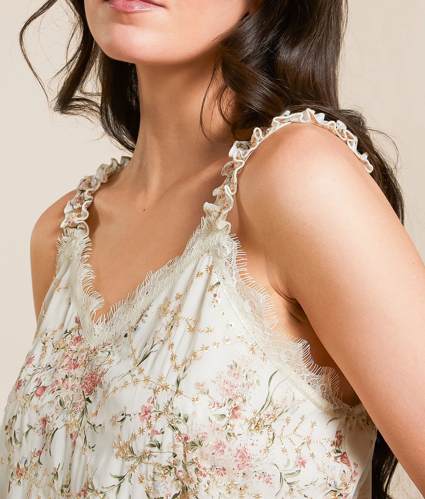 Tops | Daytrip Metallic Embroidered Floral Chiffon Tank Top Cream Multi