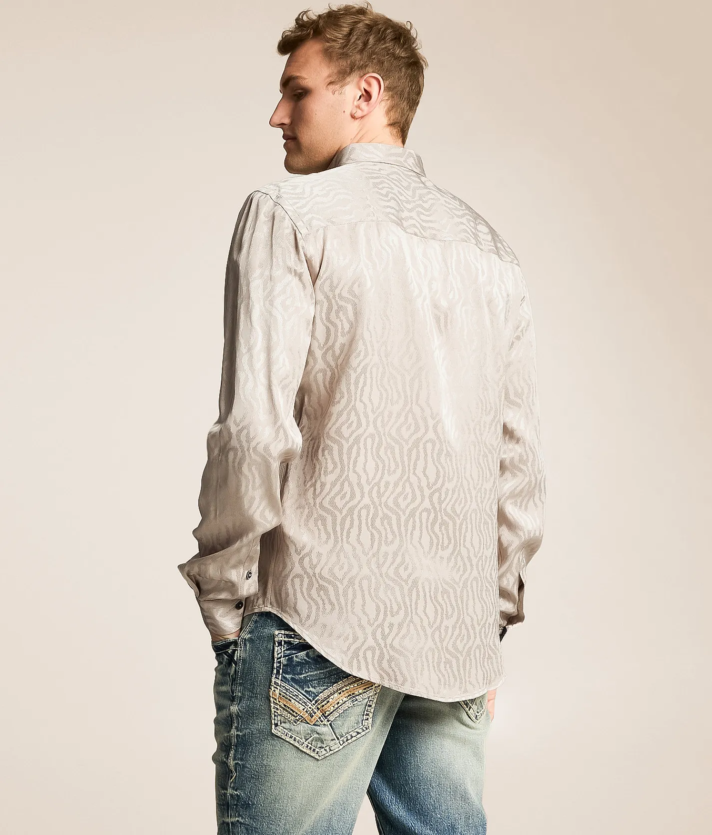 Eight X Metallic Embroidered Shirt Tan New