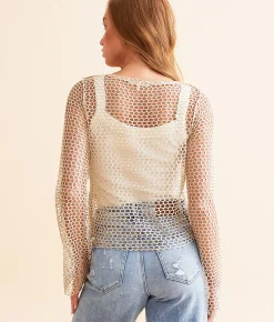 Gilded Intent Metallic Fishnet Top Stone Silver Metallic Clearance