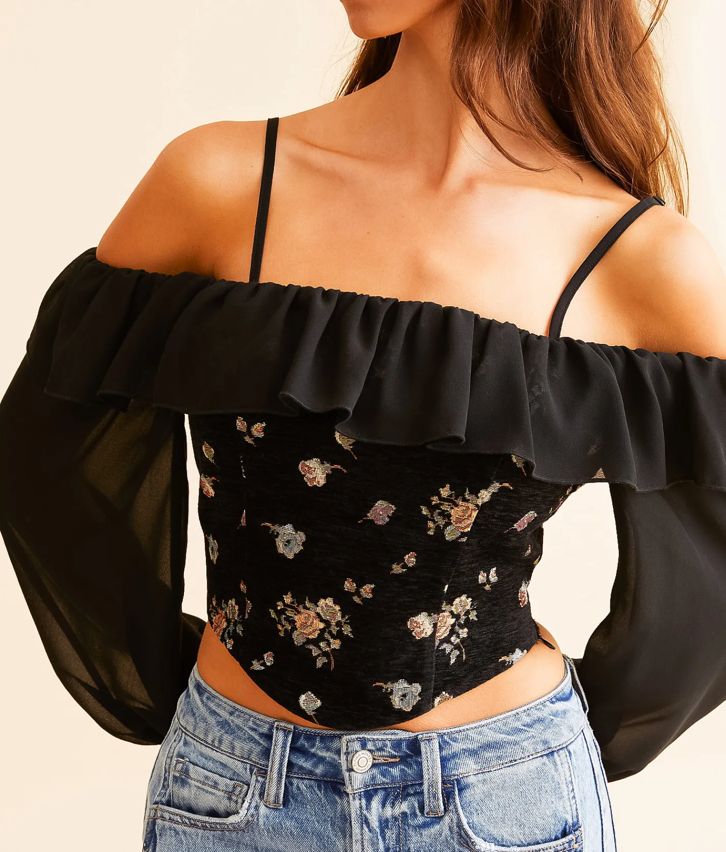 Tops | Willow & Root Metallic Floral Cold Shoulder Top Black