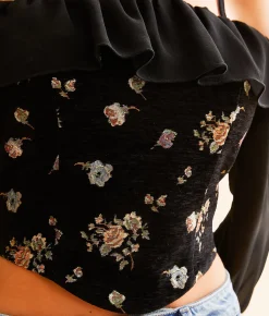 Tops | Willow & Root Metallic Floral Cold Shoulder Top Black