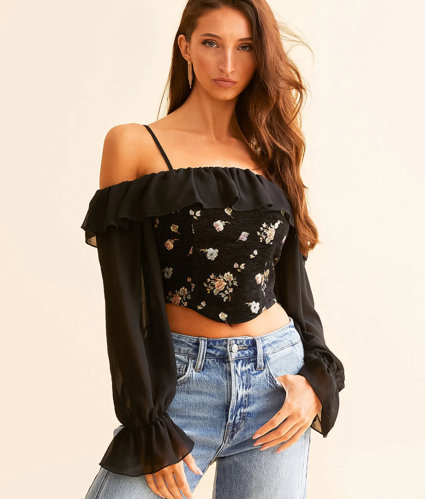 Tops | Willow & Root Metallic Floral Cold Shoulder Top Black