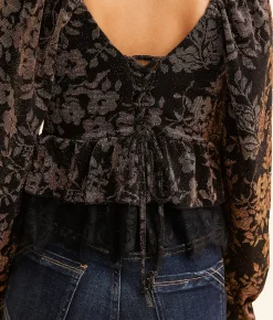 Tops | Willow & Root Metallic Floral Peplum Top Black And Gold