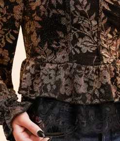 Tops | Willow & Root Metallic Floral Peplum Top Black And Gold