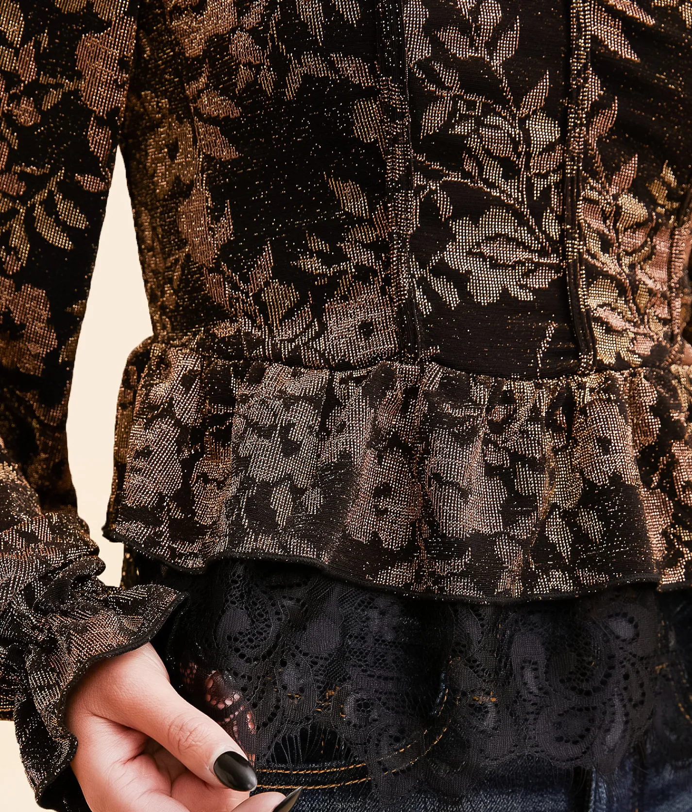 Tops | Willow & Root Metallic Floral Peplum Top Black And Gold