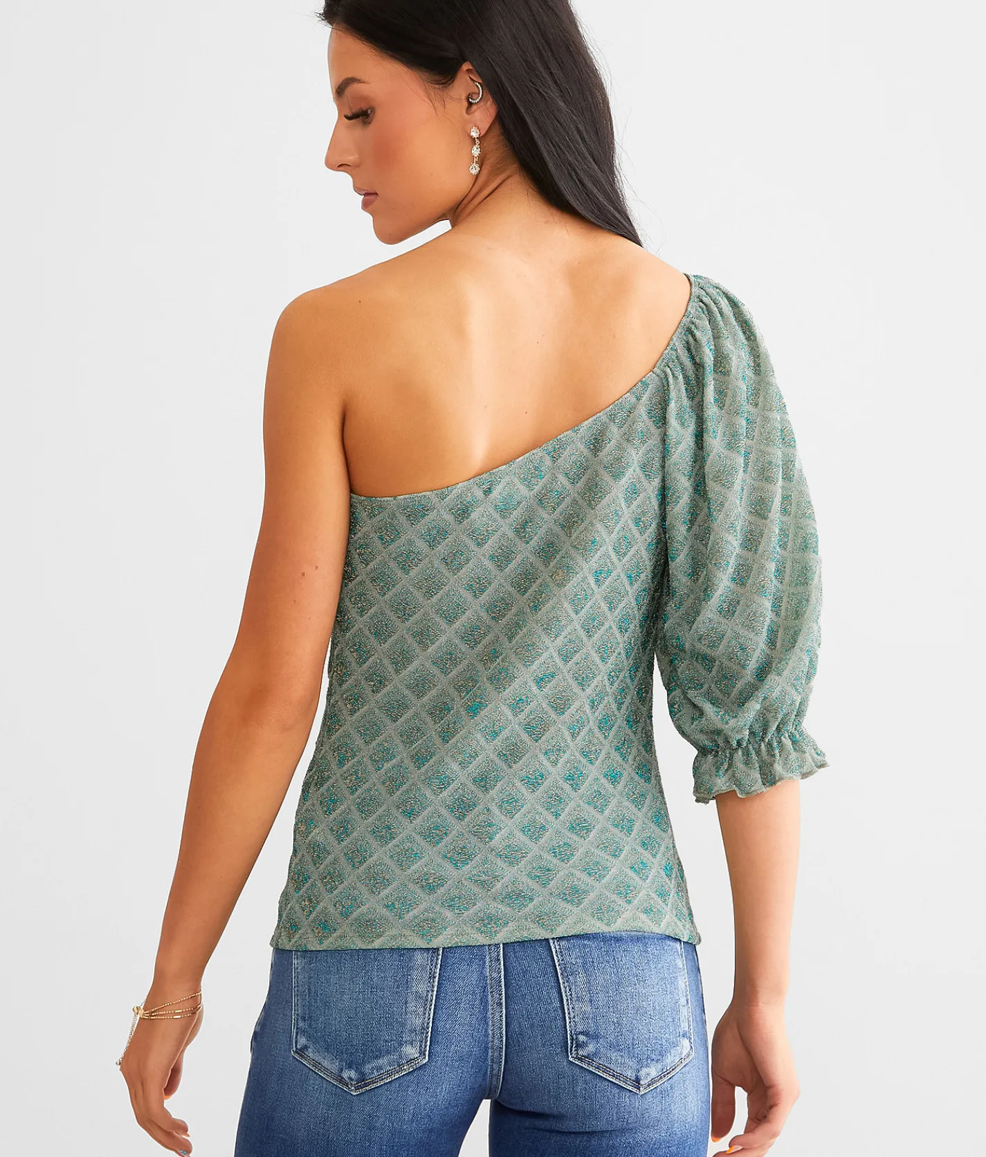 Tops | Willow & Root Metallic Jacquard Top Green