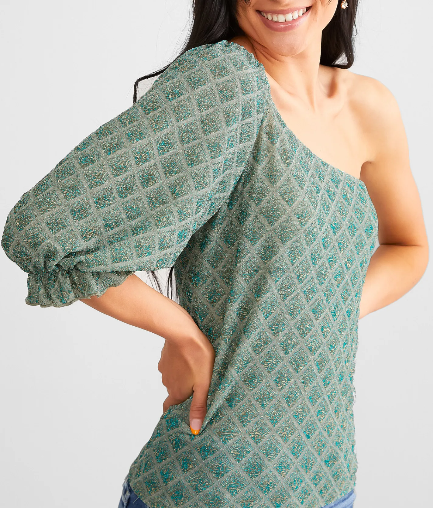 Tops | Willow & Root Metallic Jacquard Top Green