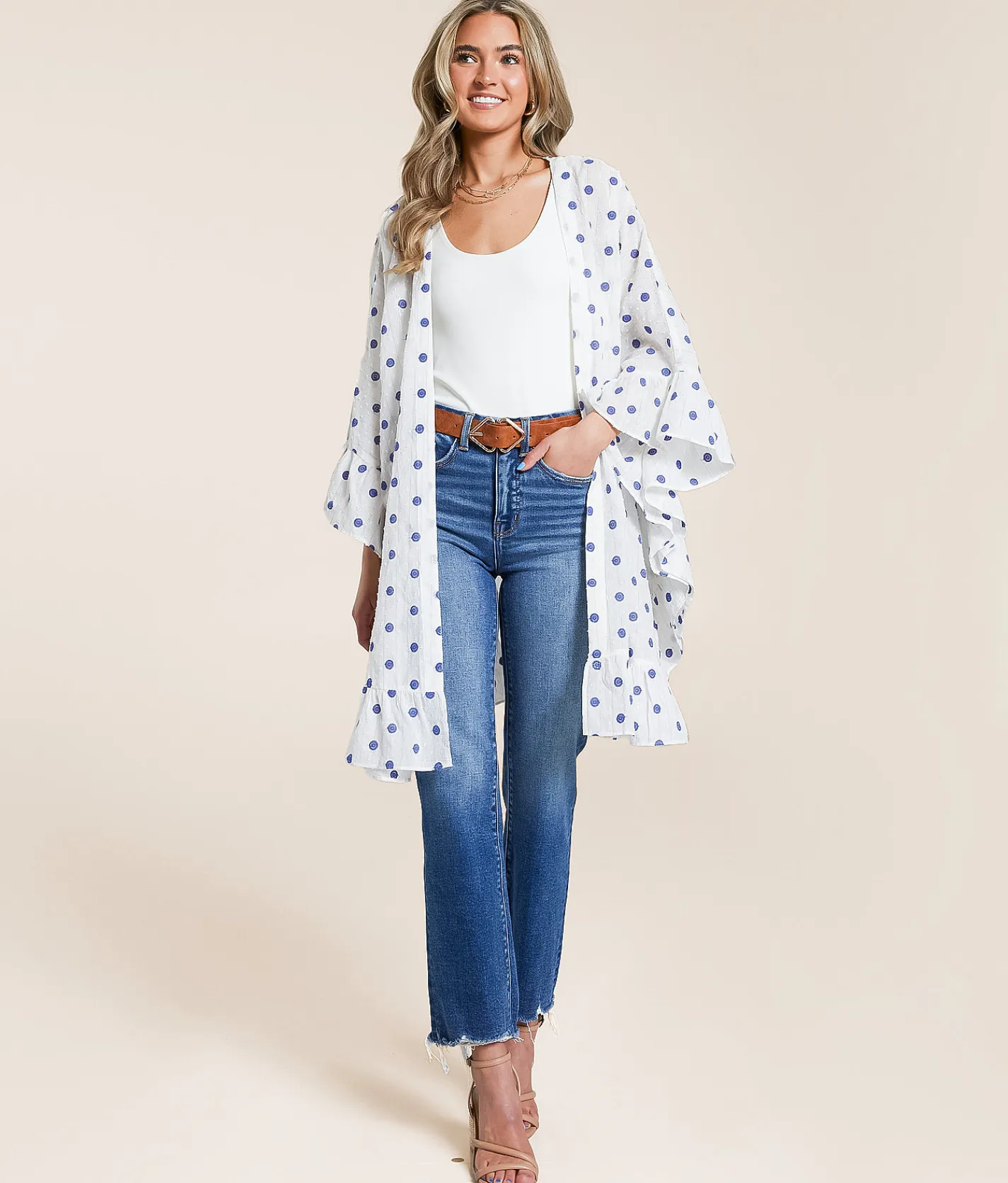 En Creme Metallic Striped Kimono White Blue Outlet