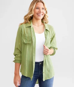 Tops | Daytrip Metallic Striped Shirt Sage